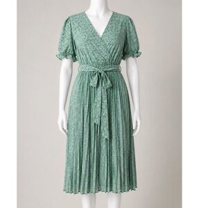 Fashion Floral Pleated Midi Dress Green Purple Ditsy Puff Sleeve V-Neck Size M